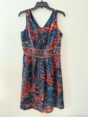 Cremieux Dress Womens 8 Navy Floral Fit Flare Sleeveless Bow Back Lined